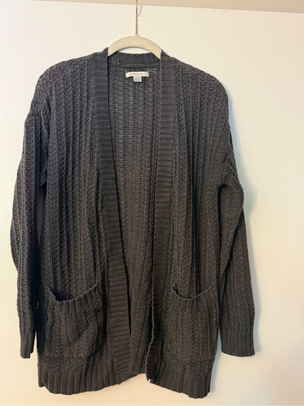 American Eagle Open-Front Charcoal Cable Knit Cardigan Sweater
